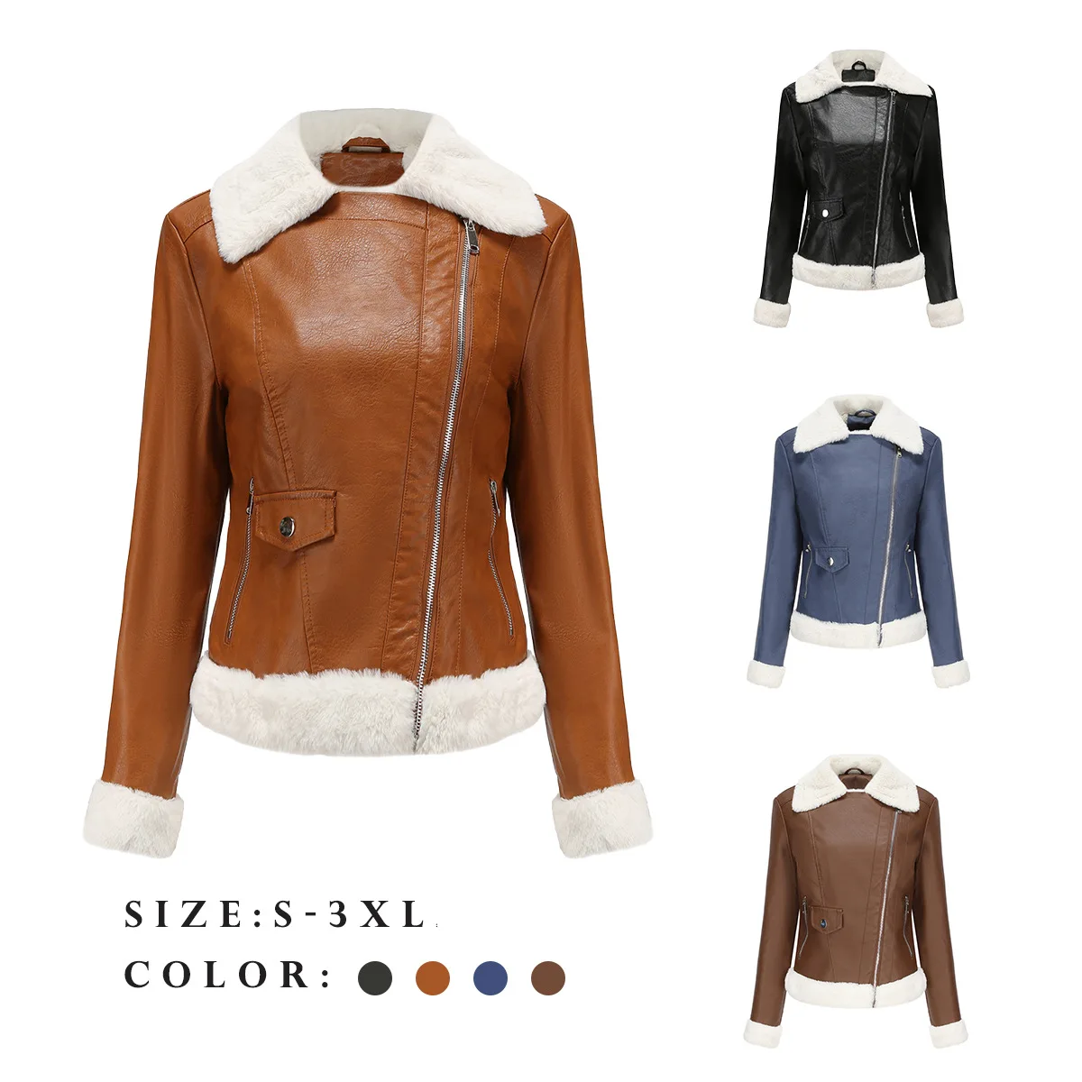 Autumn and Winter New Fleece Leather Jacket for Women European Size Warm Long Sleeved Lapel Jacket European and American Commu