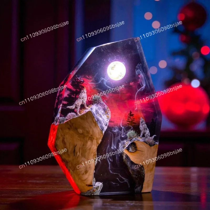 hot-selling epoxy resin wolf howl moonlit craft ornaments, creative solid wood resin night lights, home decoration gifts