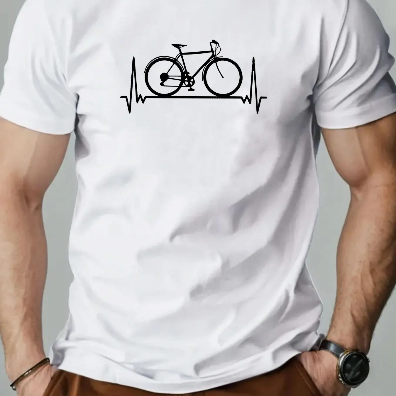 Men'S Summer Casual Crew Neck T-Shirt with Bicycle Heartbeat Design Cotton Regular Fit Slight Stretch Men Clothing Comfortable