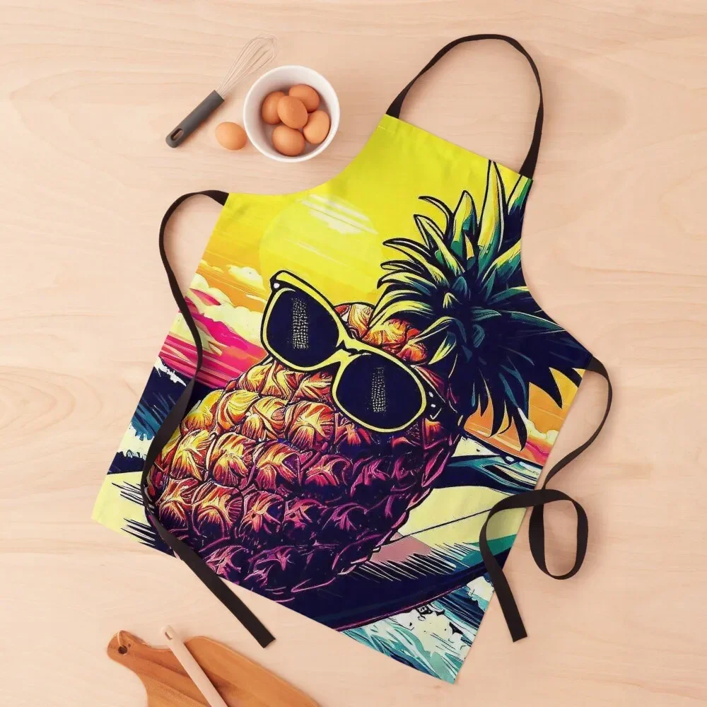 Summer pineapple in sunglasses surfing on surfboard retro Apron carpenter cookings for women Apron