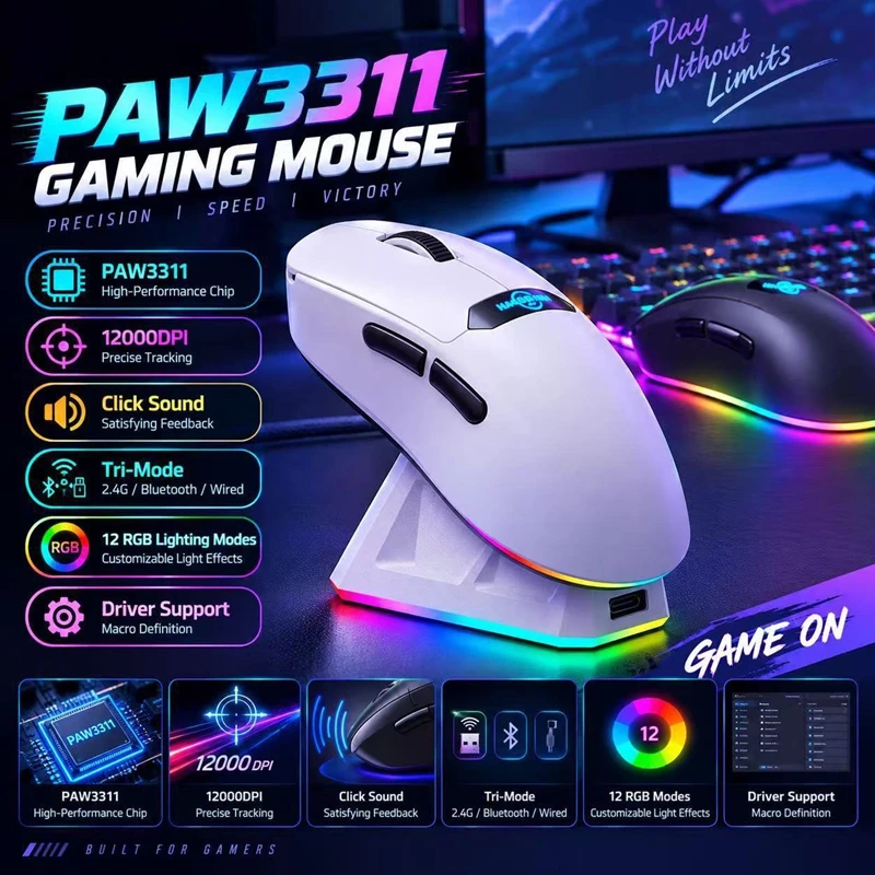 Wireless Bluetooth Mouse Ergonomic Lightweight 12K DPI with RGB Magnetic Charging Dock Gaming Wireless Mouse for Gaming Office
