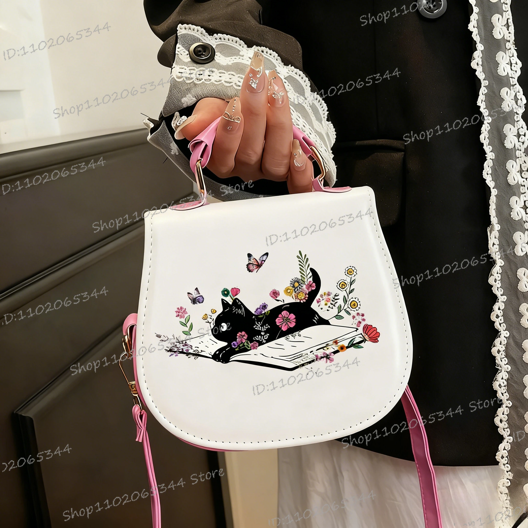 Classic Read Club Gifts Women Crossbody Bags Fashionable Wild Flower Cat and Book Print Vintage Shoulder Bag Bookishness Handbag