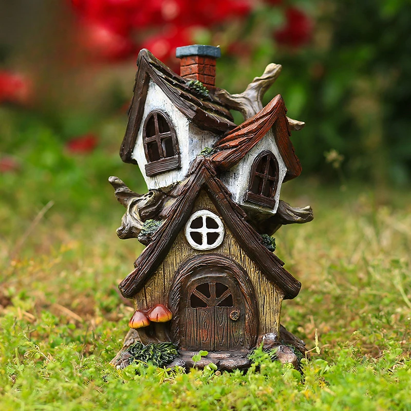 El producto se puede personalizar. Decoraciones de cabaña de doble piso, decoraciones de jardín al aire libre, regalos de inauguración de la casa, artesanías de resina