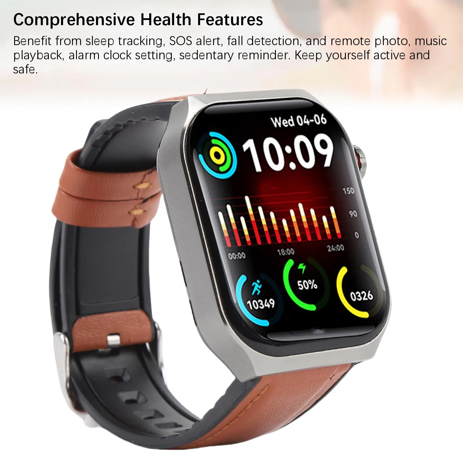 Fitness Smartwatch Bluetooth 5.3 Smart Call. 1 Polegada LCD 52 modos esportivos Alerta SOS com pulseira de couro para homens para corrida