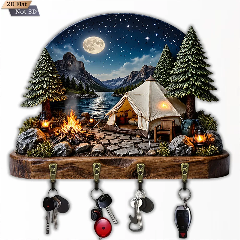 2D Flat, 1pc, Starry Sky Camping Key Hook, Wooden Multi-functional Home & House Key Hook, with four metal hooks, wall