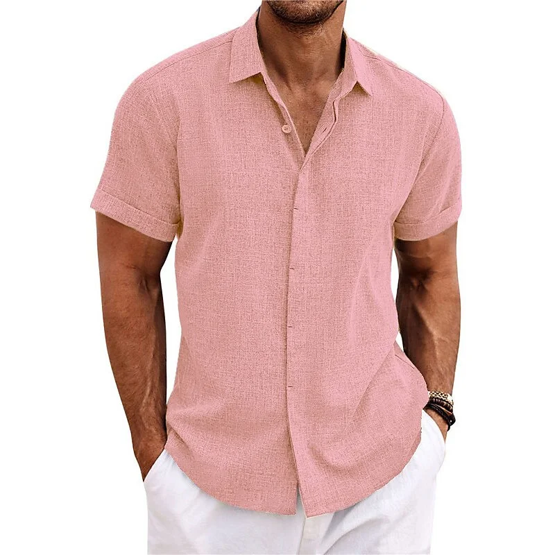 Linen shirt tribal ethnic men\'s riding shirt linen shirt casual summer shirt button black white pink short sleeve rub plus size