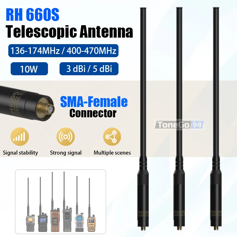RH660S High Gain Telescopic Radio Antenna SMA-Female 144MHz/430MHz Dual Band For Baofeng UV-32 SW-9 QuanshengUV-K5(8) Iradio TYT
