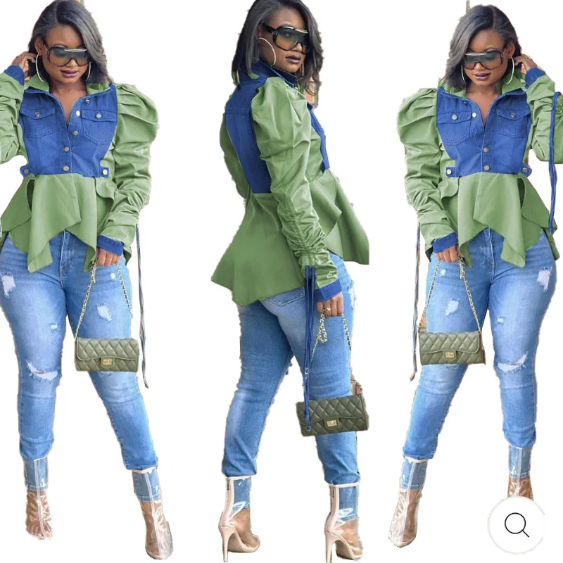 Women Shirt Denim Blouses Y2k Tops Turn Down Collar Shirt Shirts Irregularity High Waist Elegant Top Work Elegant Streetwear