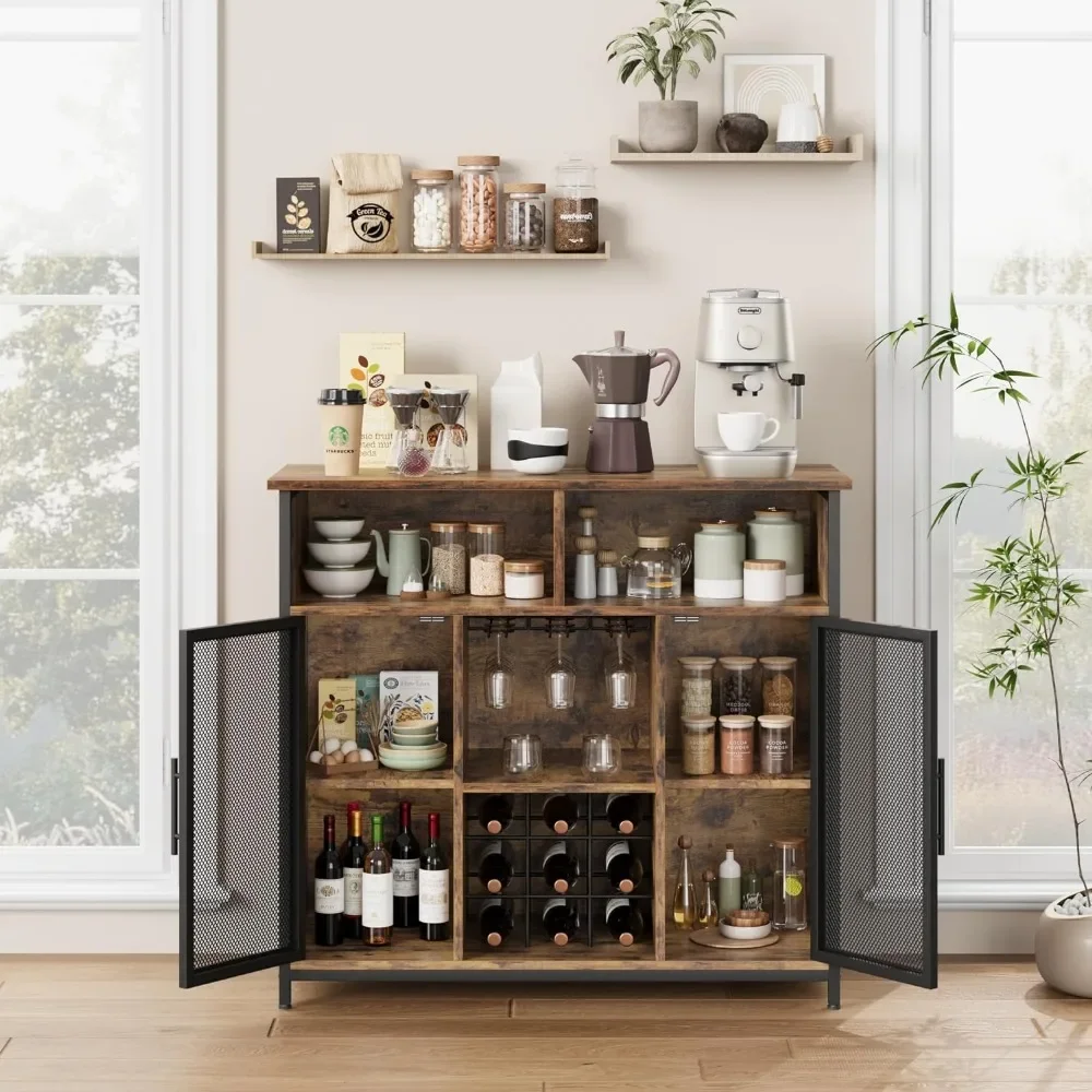 Coffee Bar Cabinet, Industrial Buffet Storage Cabinet with Mesh Doors and Adjustable Shelves, Sideboard Buffet Table for Kitchen