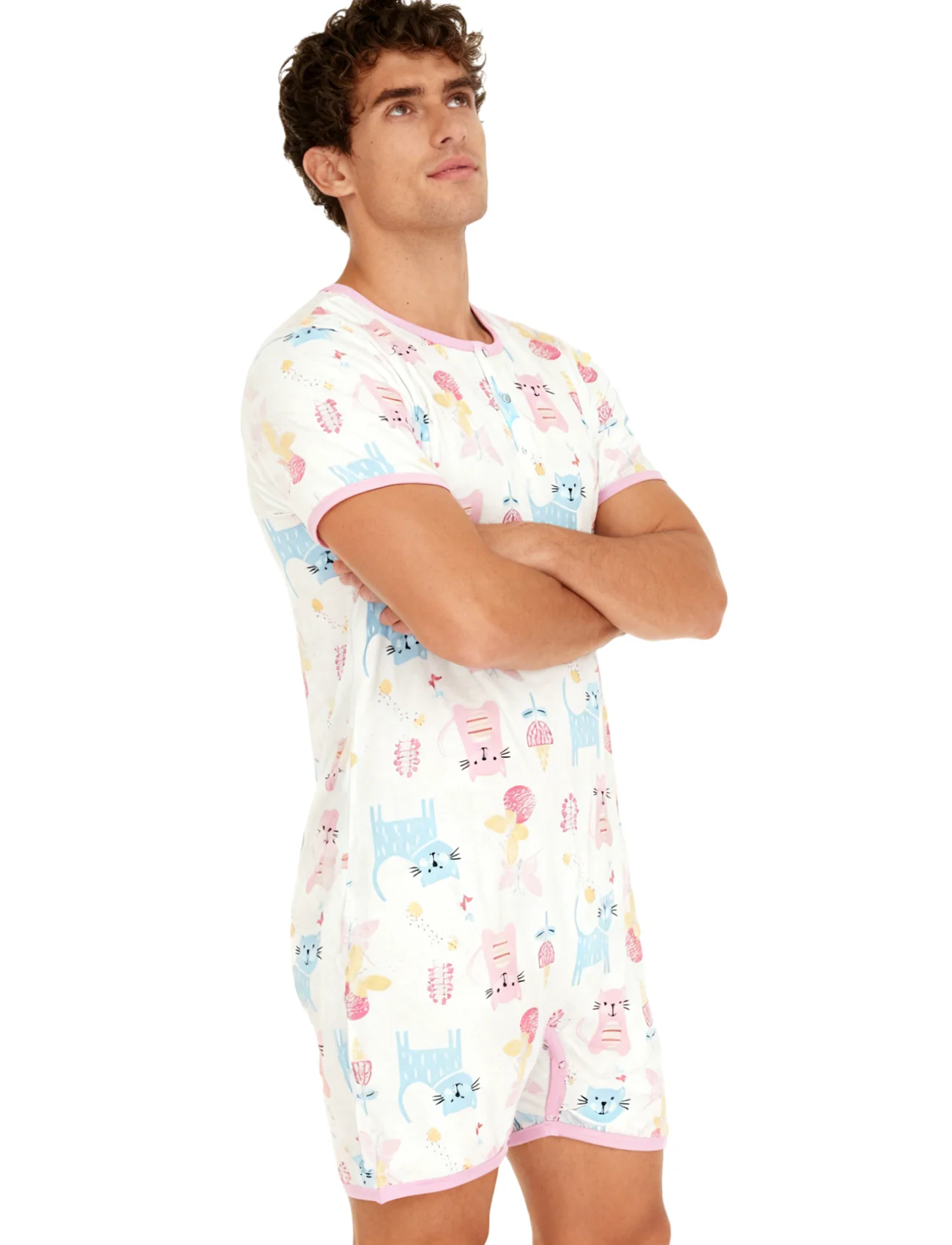 Pink Cat Bodysuit with Short Leg for Adults Onesie Baby Romper ABDL Clothes Soft Comfortable Adult Diaper Cover in Pink