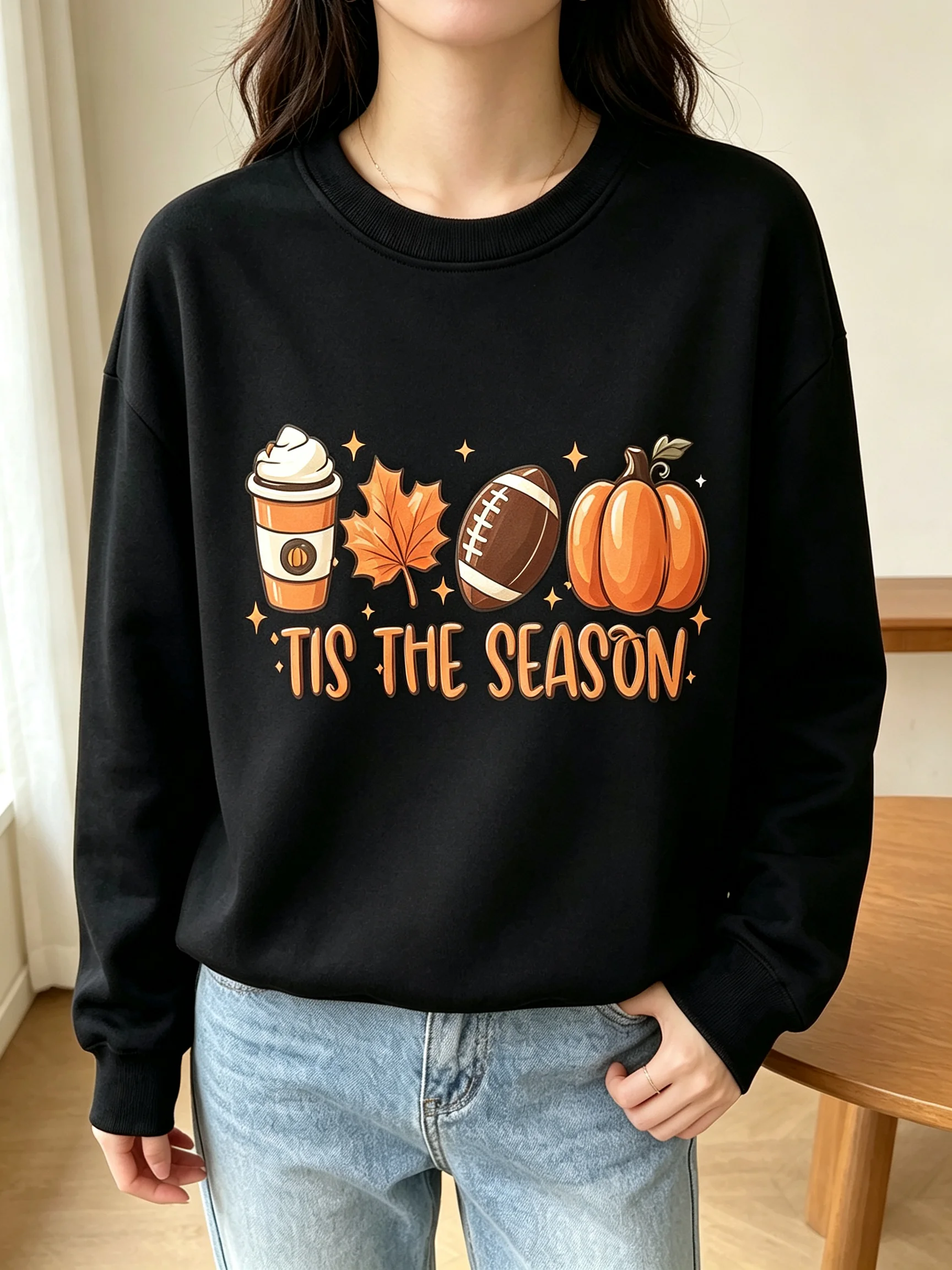 Women Crew Neck Sweatshirt 'TIS THE SEASON Fall Coffee Football Pumpkin Maple Leaf Graphic Pullover Casual Long Sleeve Tops