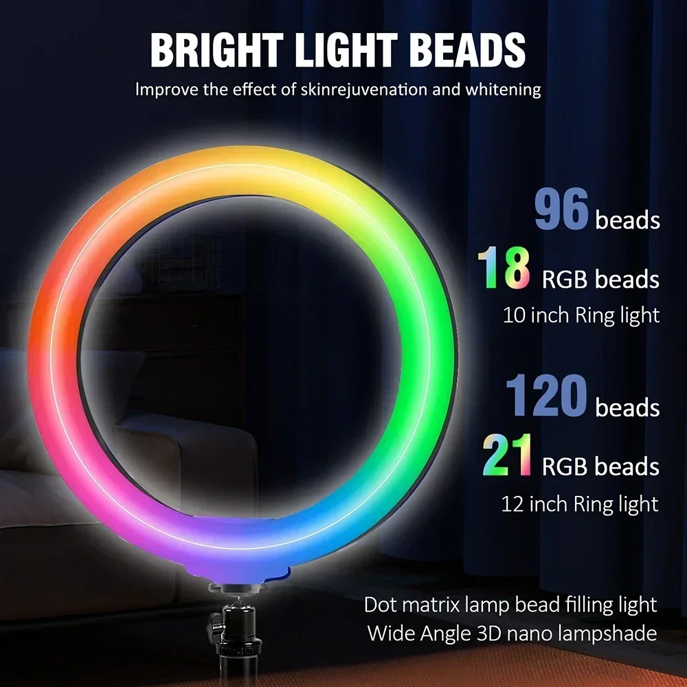 Zomei 10/12 pulgadas RGB Selfie anillo de luz trípode 110CM luz de relleno LED soporte de fotografía para teléfono móvil cámara Smartphone