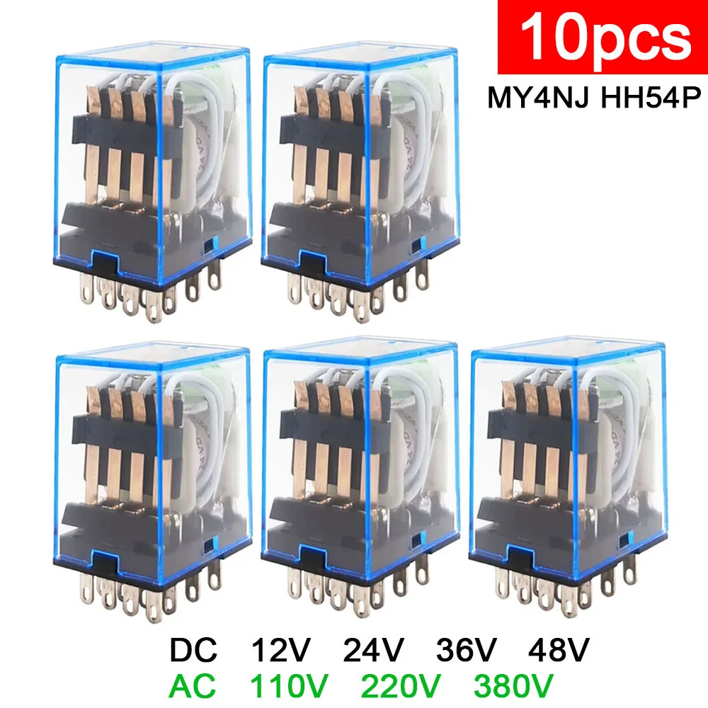 

10 шт. MY4NJ DC реле катушки переменного тока 6 В 12 В 24 В 36 В 110 В 220 В 380 В светодиодный индикатор силовое реле HH54P 4PDT 14Pin 4NO 4NC MY4N-J переключатель