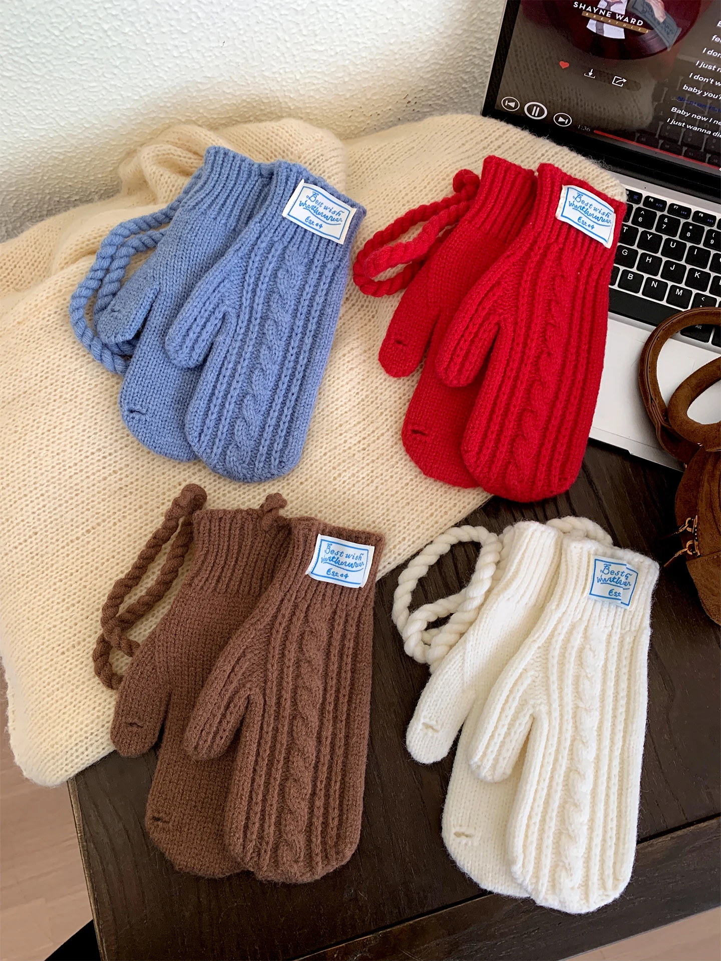 Korean Style Thickened Knitted Tweed Yarn Gloves Women Winter Outdoor Cold Proof Touch Screen Full Cover Fingerless Gloves