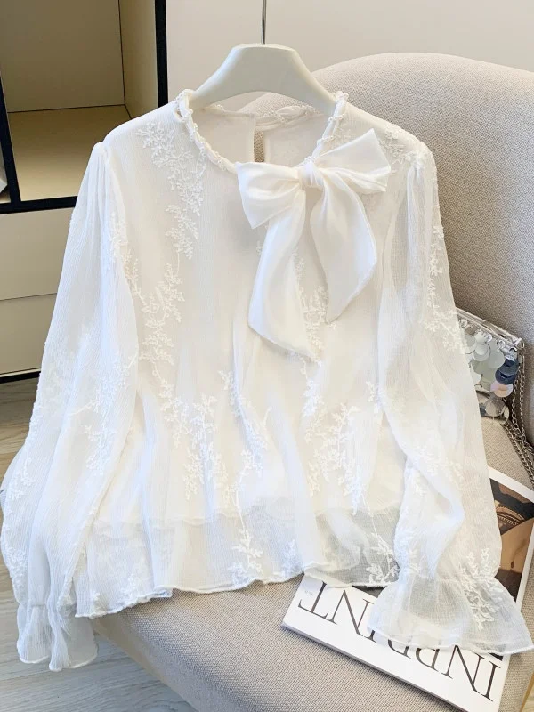 

Sweet Style Long Sleeve White Embroidered Knot Chiffon Top Women's Early Spring 2026 New Gentle Korean Personality Top