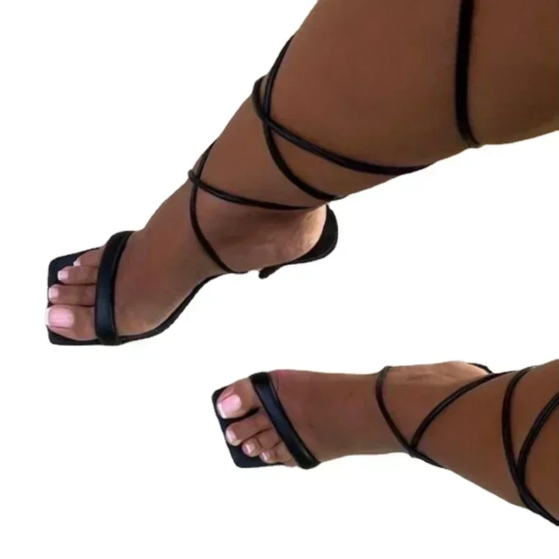 2024 Brand Women\'s Sandals Ankle Straps Female Sexy Dress Rome Sandal Ladies Lace Up Square Toe High Heels Open Toe Shoes Women