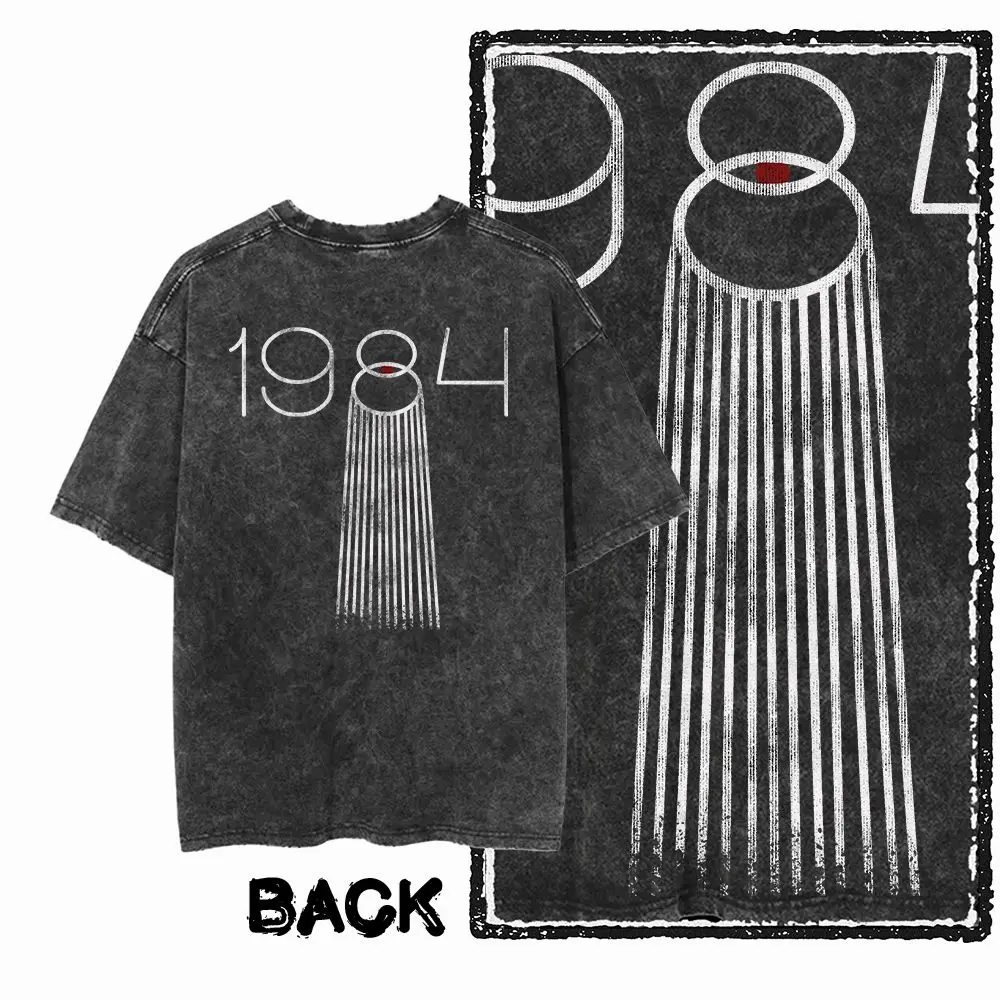 G02 Back Print Cotton Big Size 1984 Graphic Men T-shirt | Acid Washed Streetwear Cool Vintage O-neck Men's Tee Tshirt