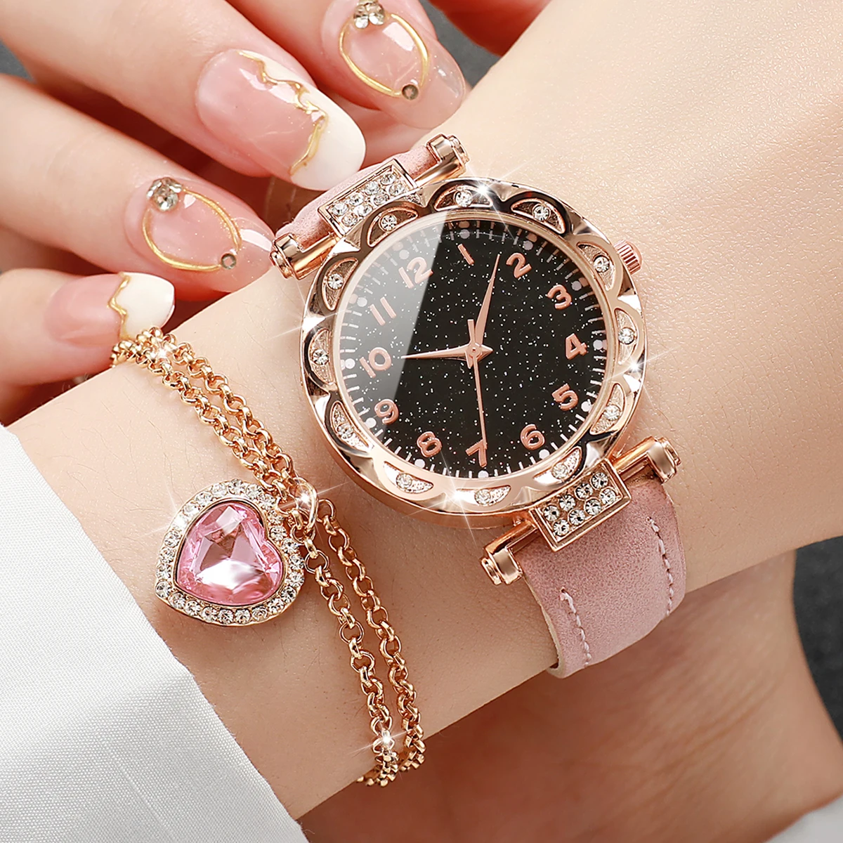 6PCS/Set Fashion Starry Sky Women Watches Leather Band Analog Quartz Watch Diamond Heart Jewelry Set