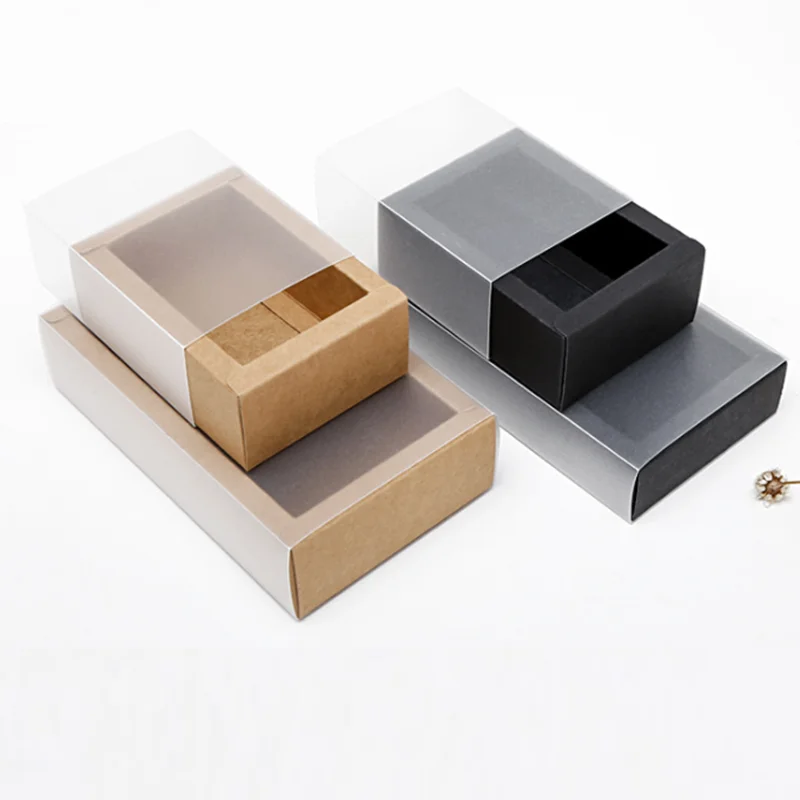 10pcs/20pcs Frosted Kraft Paper Drawer Boxes with Clear Sleeve for Handmade Soap Craft Black White Party Gift Packaging