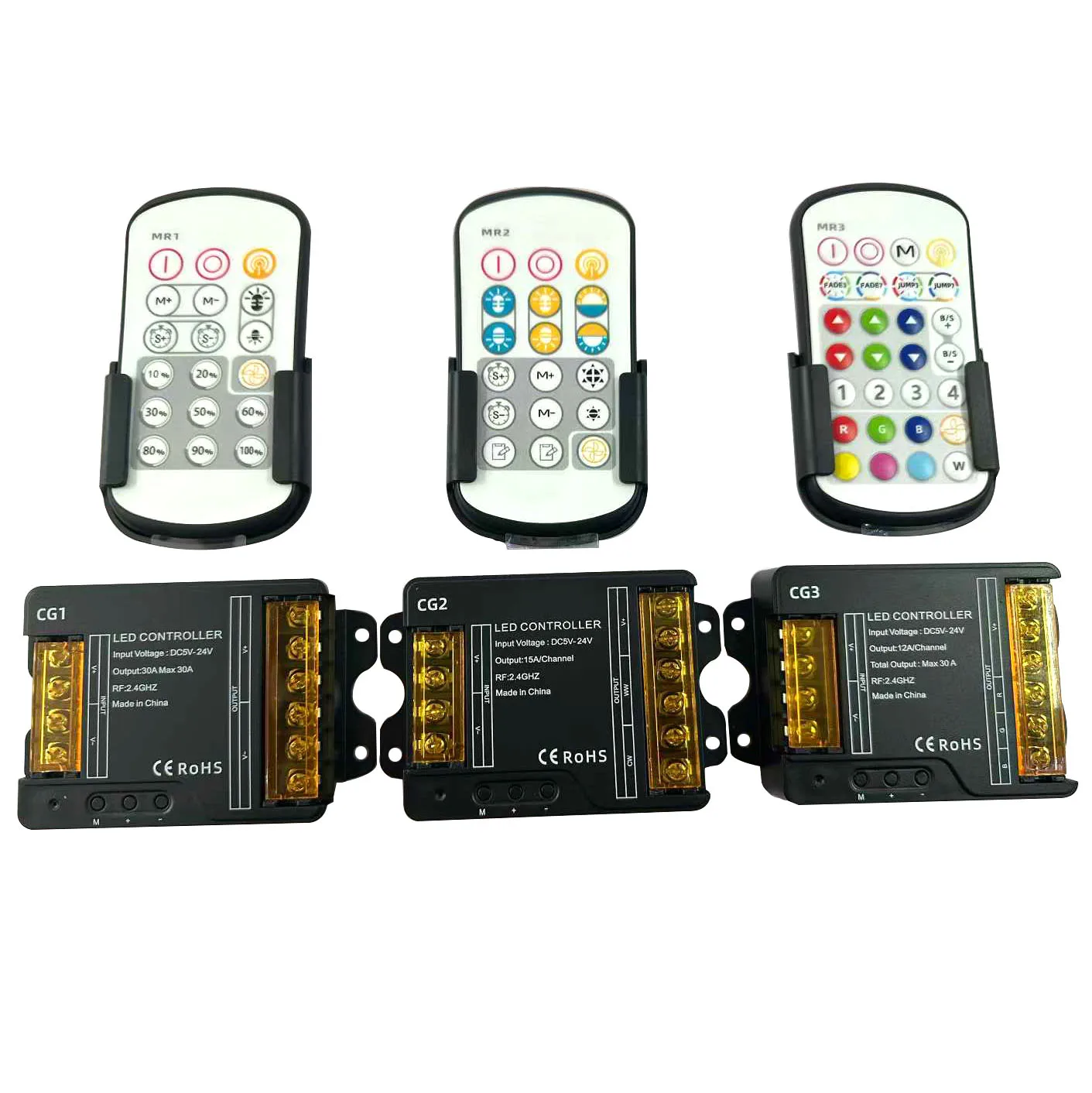 DC5-24V 2.4GHz Dimmer Controller for CCT LED Strip Color Temperature Adjust MR1 MR2 MR3 15A/CH 18Keys RF Dimmer Stepless Dimming