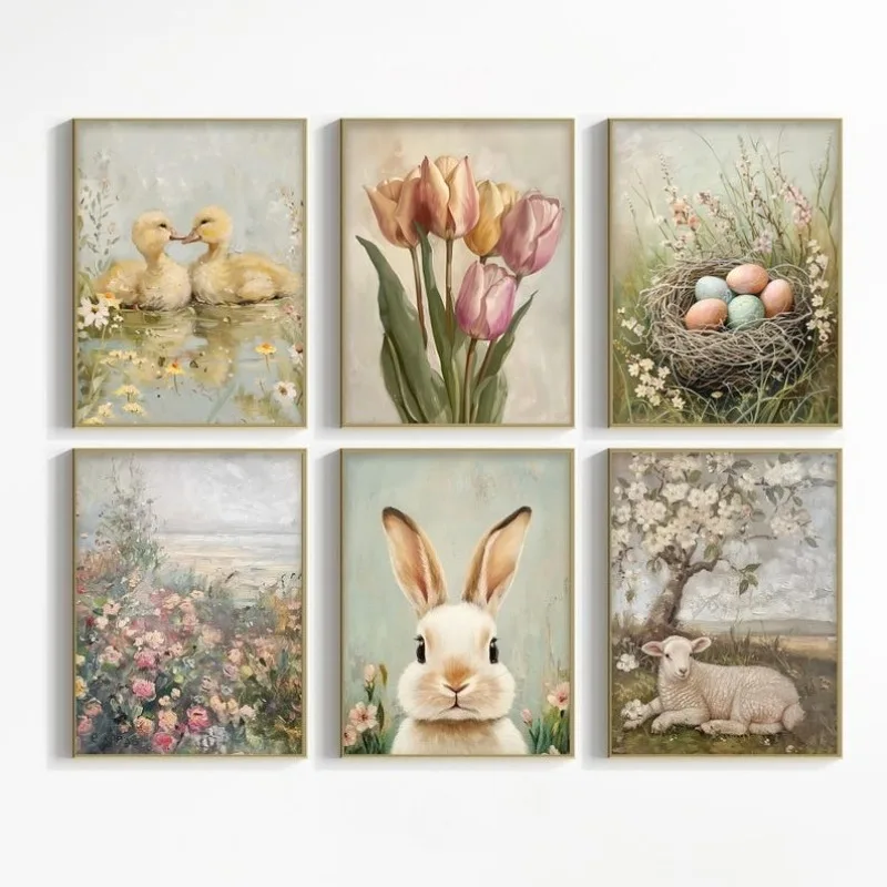 Neutral Spring Prints Poster, Gallery Set of 6 Spring Wall Art, Easter Bunny Painting, Farmhouse Easter Decor Canvas Artwork