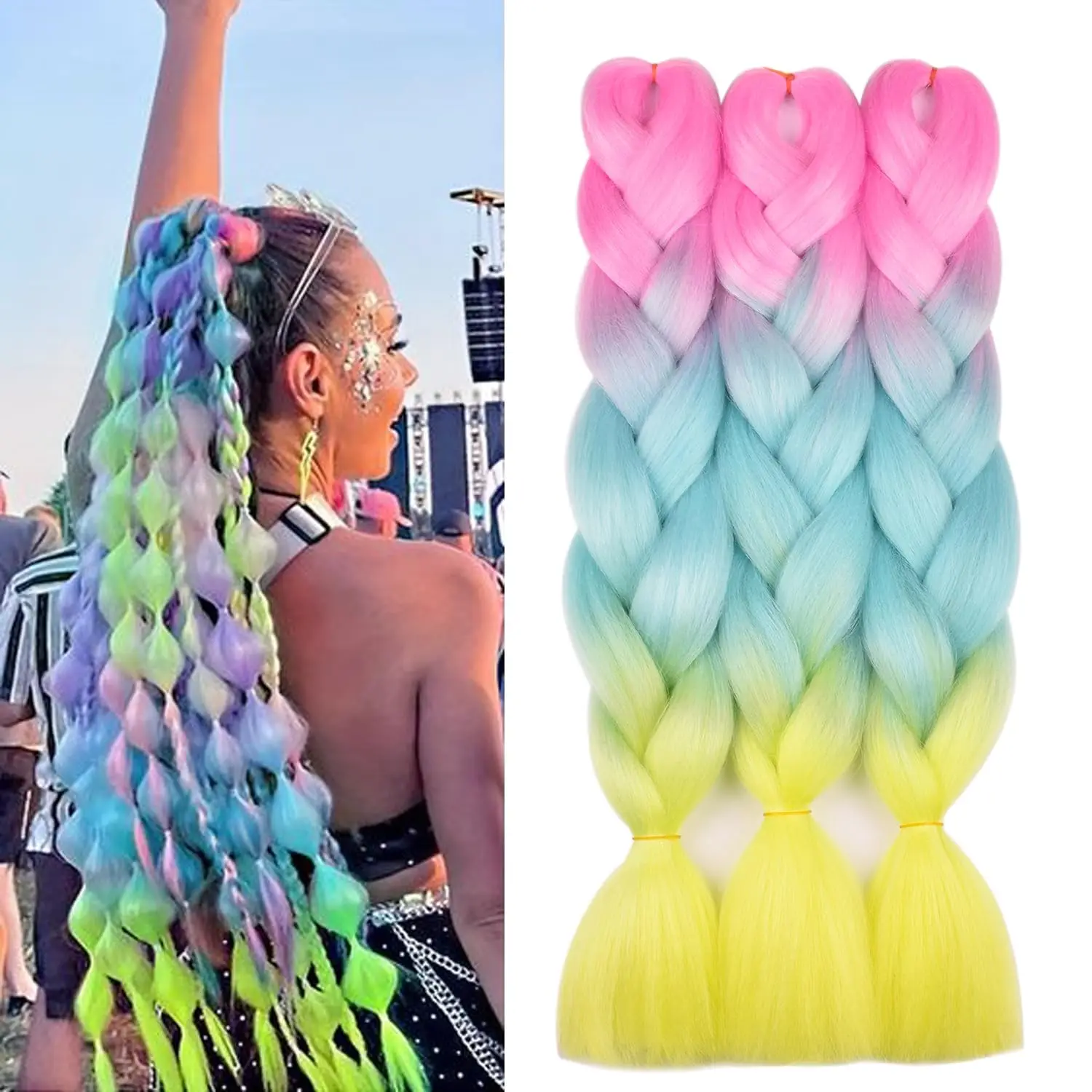 Jumbo Braiding Hair Ombre 3 Colors Mix Braiding Hair Kanekalon Synthetic Hair Rainbow Colors Extensions Pink Light Blue Yellow