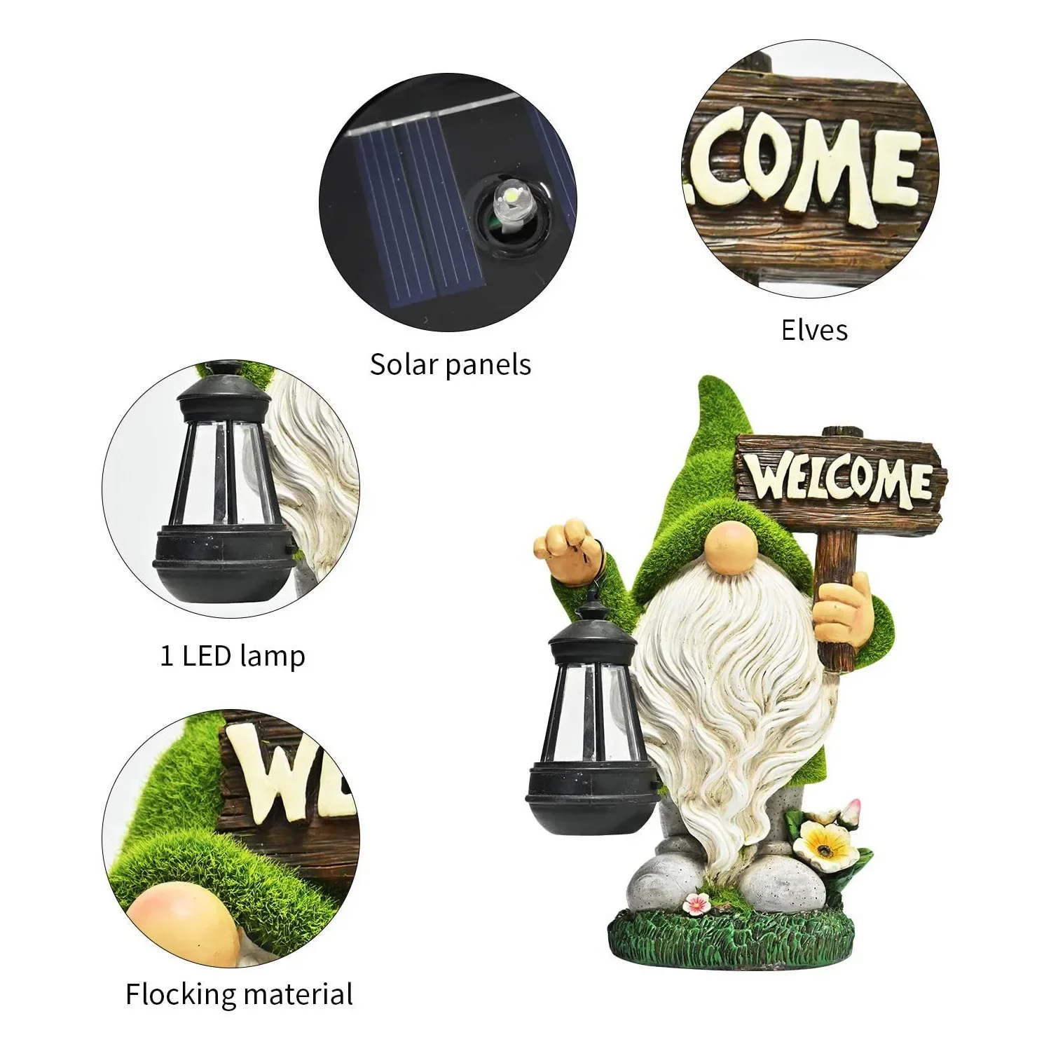 Art Craft for Home Garden Flocked Garden Gnome Decorations with Solar Lights Resin Cartoon Gnome with Lantern Ornament Lamps