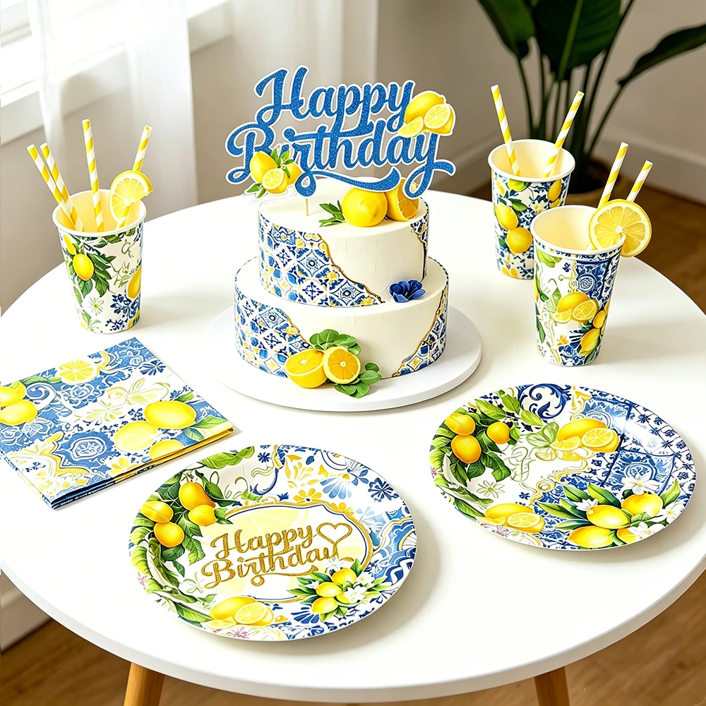 Zitronen-Thema, Einweggeschirr, Pappteller, Tassen, Servietten, Tischdecke, Banner, Sommer, Obst, Geburtstag, Party, Dekoration, Zubehör – Detail 2