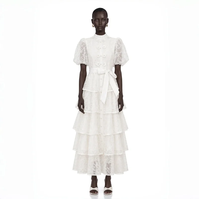 Vintage Puff Short Sleeve Lace Tiered Midi Dress Multi Layer Tulle Ruffle Formal Evening Dress Modest Arabic Style Party Dress