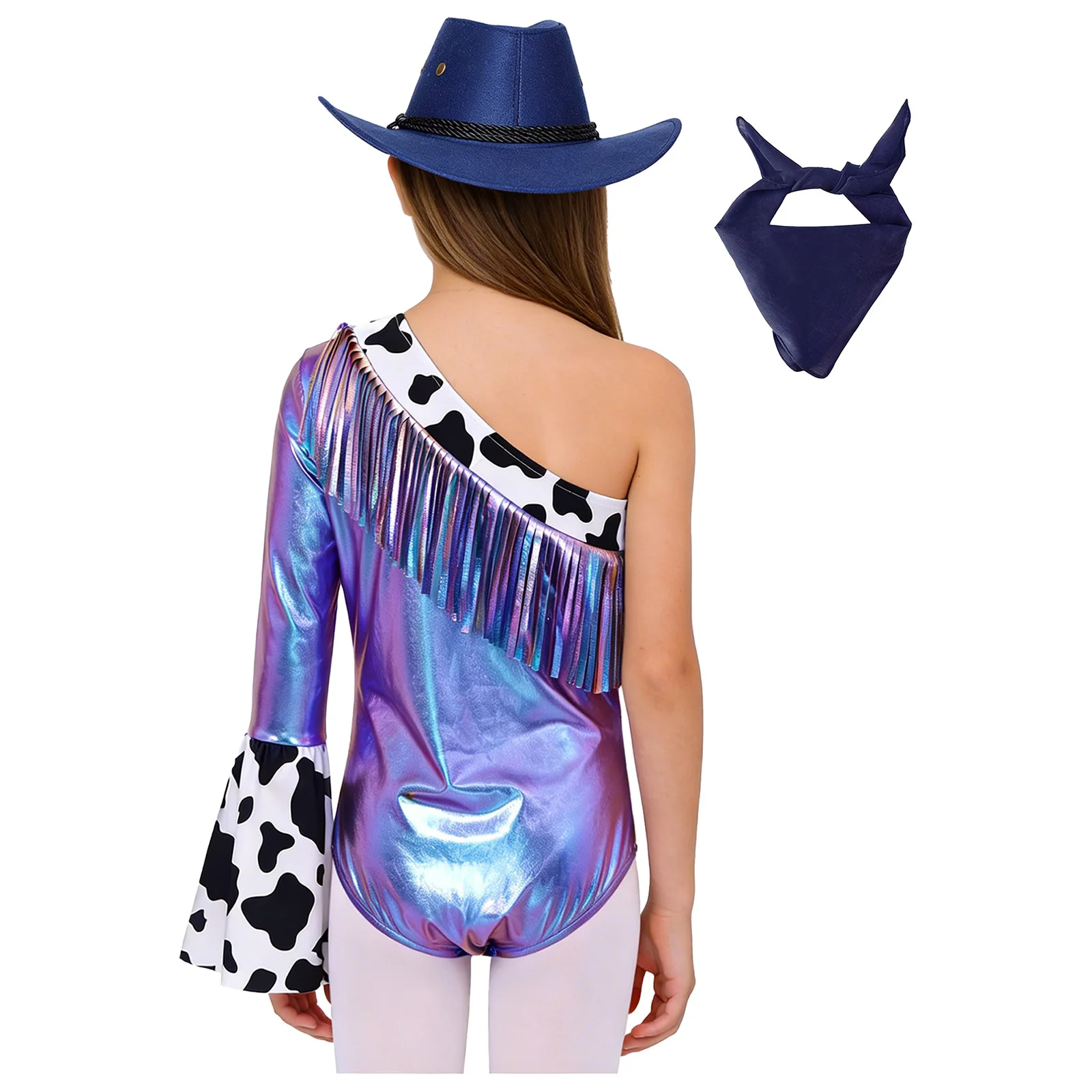 Halloween Western Cowgirl Cowboy Dress Up One Flare Sleeve Fringed Metallic Leotard Bodysuit Hat Bandanna Carnivals Costume Set
