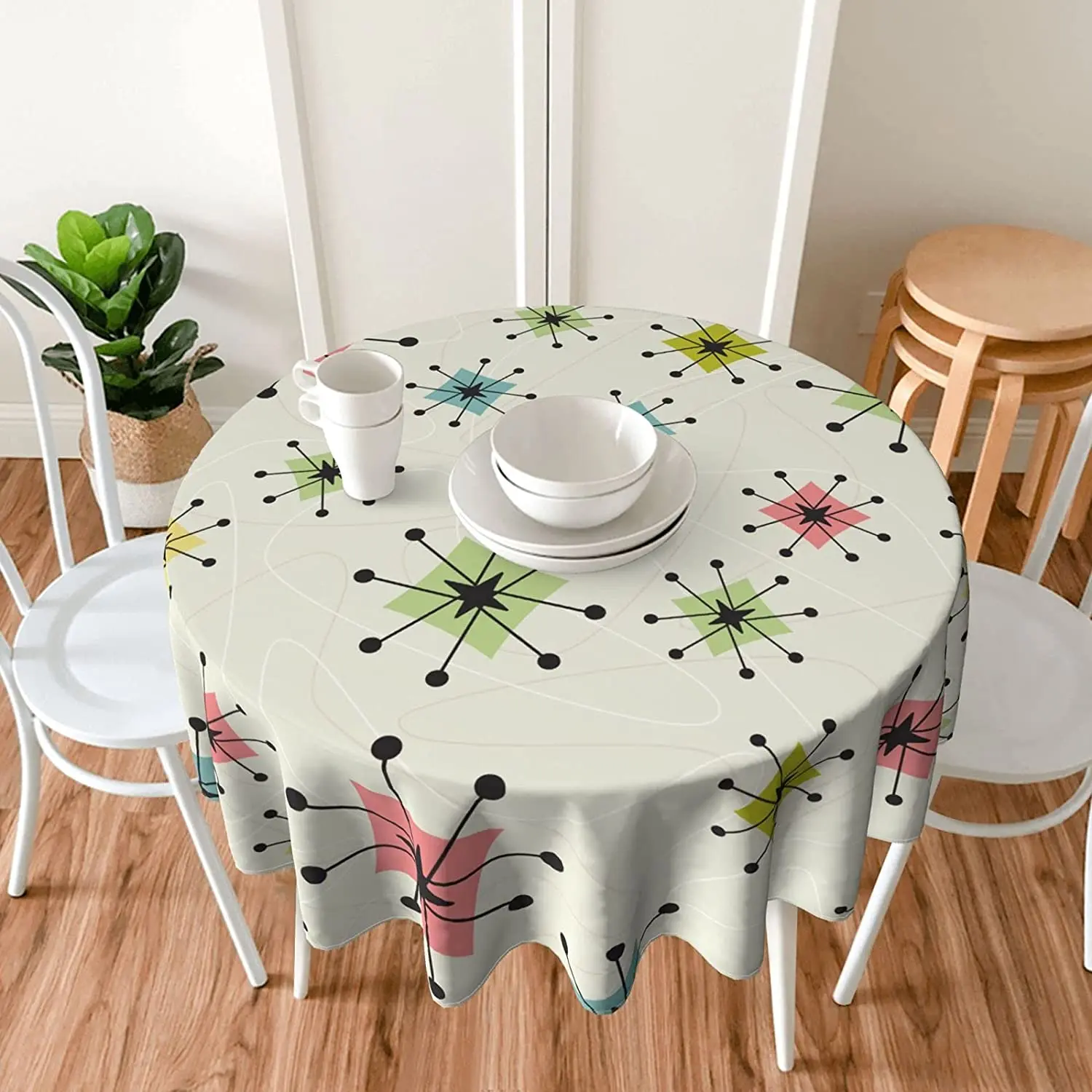 Table Cloth Vintage Atomic Stars Retro Pattern Round Table Cover Washable Polyester Tablecloths for Home Table Mats Party Picnic