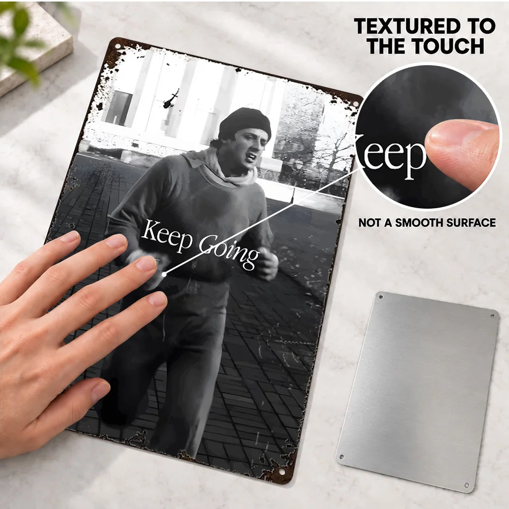 Rocky Balboa Running - Keep Going Quote Textured Metal Poster Personalized Aluminum Sign Modern Typography Wall Art For Office