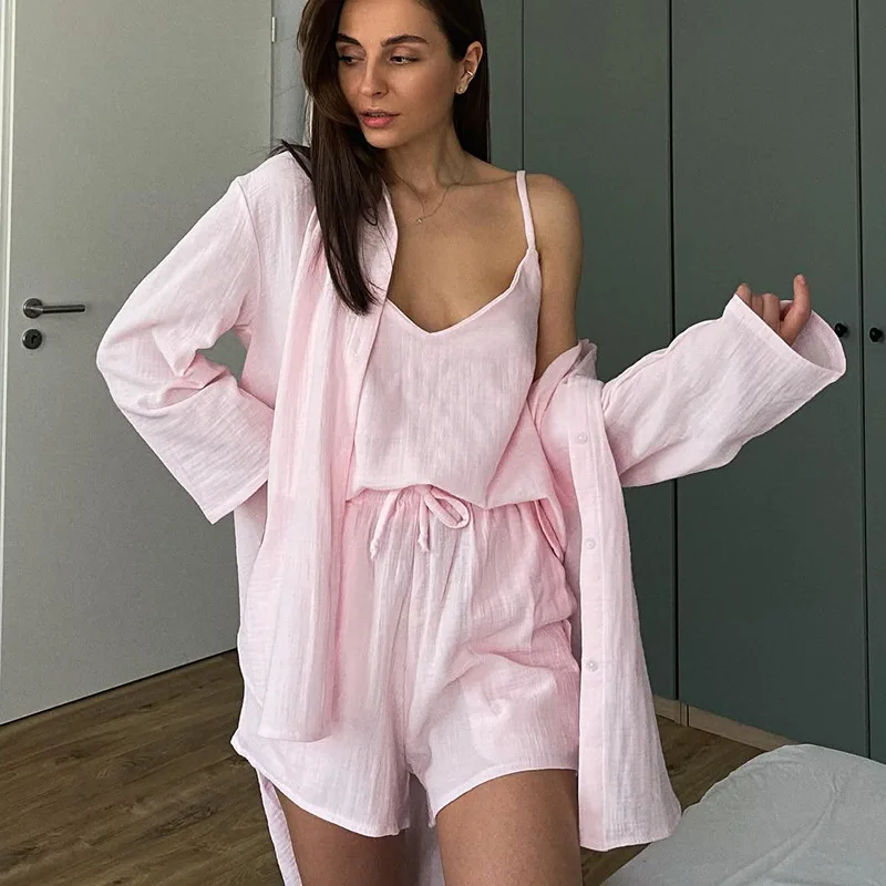 

Spring and Summer Cotton Women's Home Clothes 3 Piece Sets Loose Long Sleeve Sleepwear Female Spaghetti Strap Tops Autumn Suits