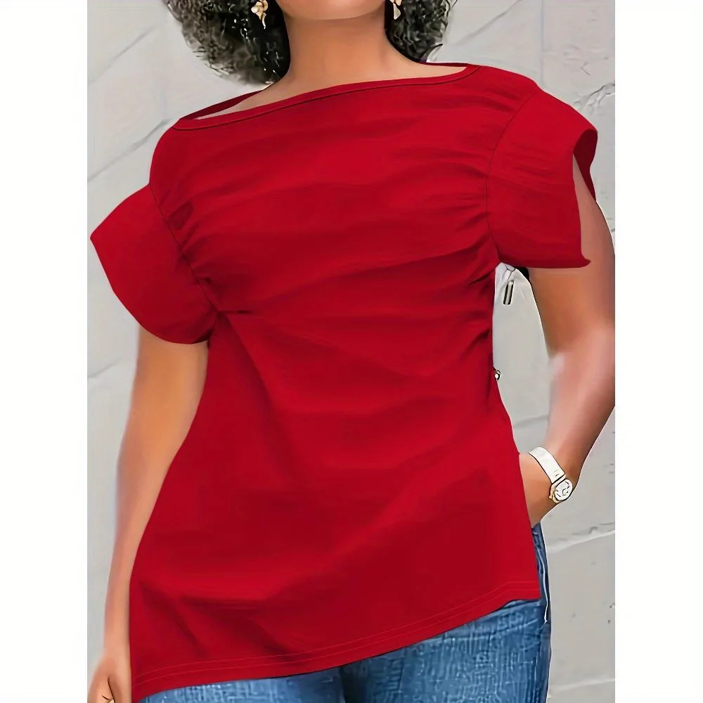 

Casual Solid Color Paneled Slit Zipper O Neck T-Shirt