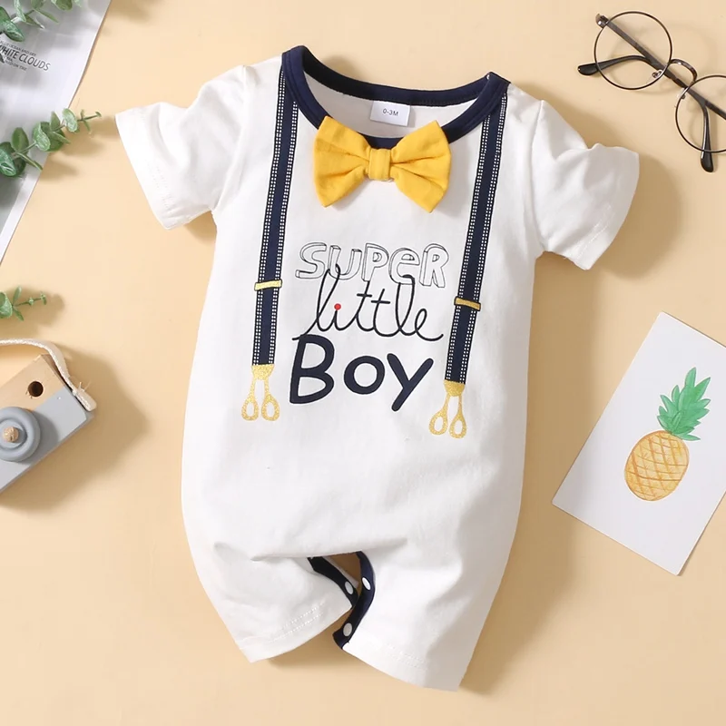Summer Newborn Infant Baby Boys Romper Bear Print Short Sleeve Button Up Front Rompers Kids Onepiece Baby Suit