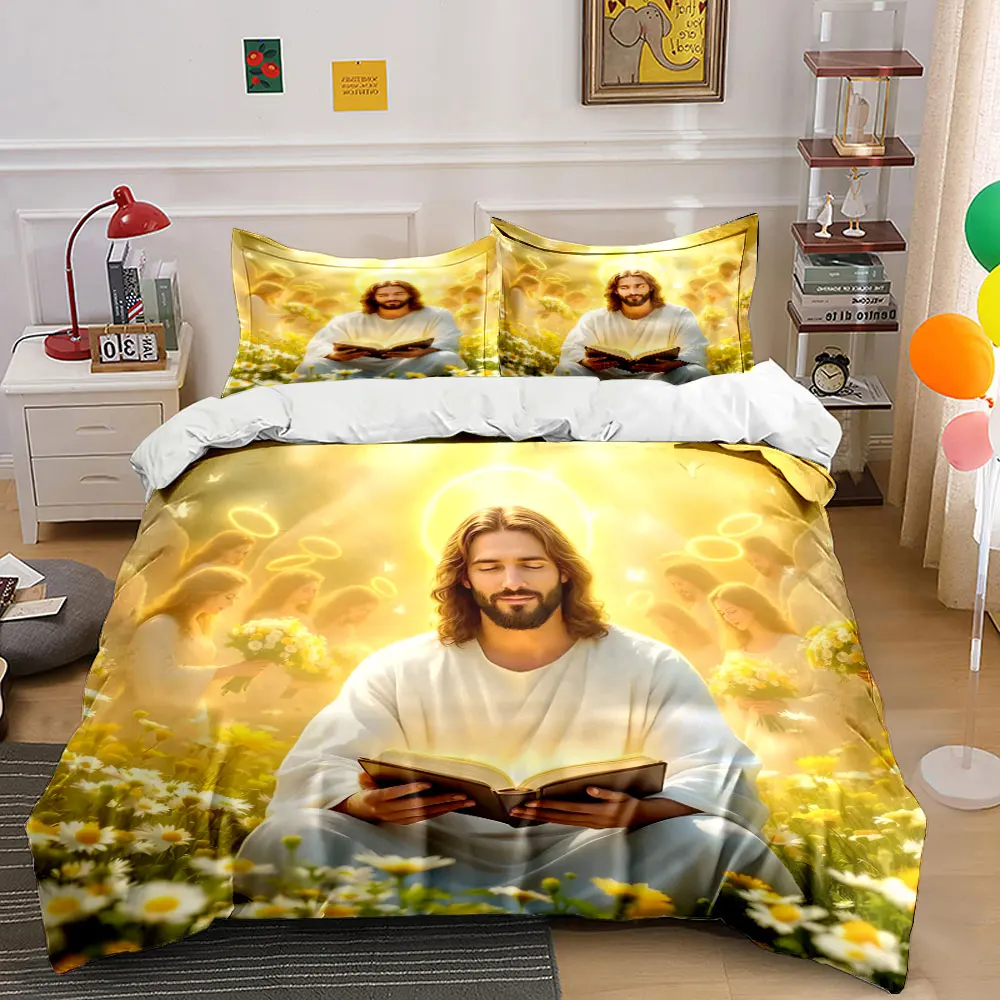 Saints Reading Amidst Angels Print Bedding Set 1 Duvet Cover 2 Pillowcases for Adult and Children Luxury Gift Full Size