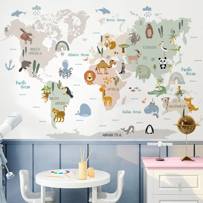 kids room cartoon animal world map wall sticker self adhesive school baby bedroom wall decal sticker