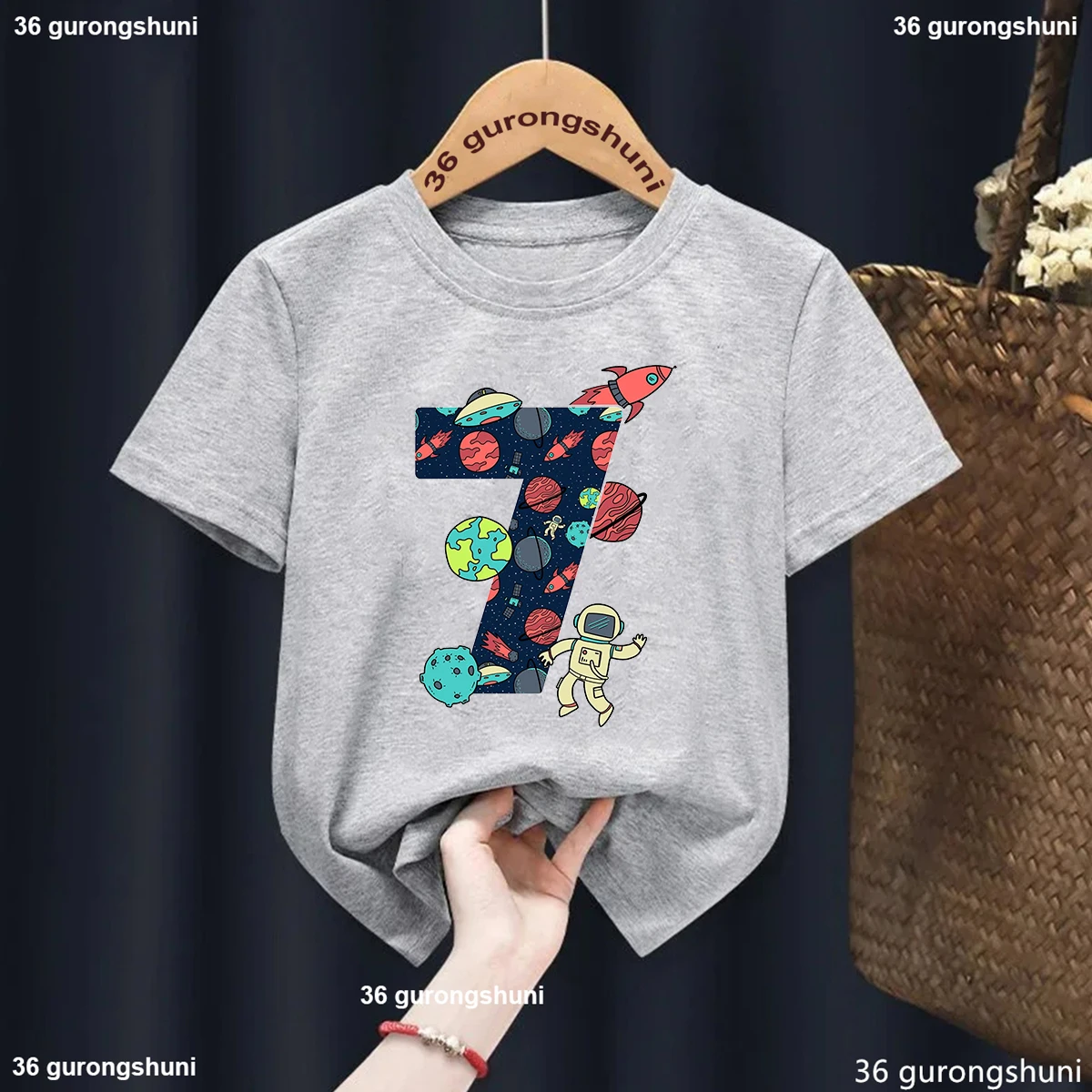 Kinder 7. Geburtstag Raum und Astronauten gedruckt T-Shirt Mädchen/Jungen lustige Kinder Kleidung Sommer weiß/grau/blau/gelb T-Shirt Tops