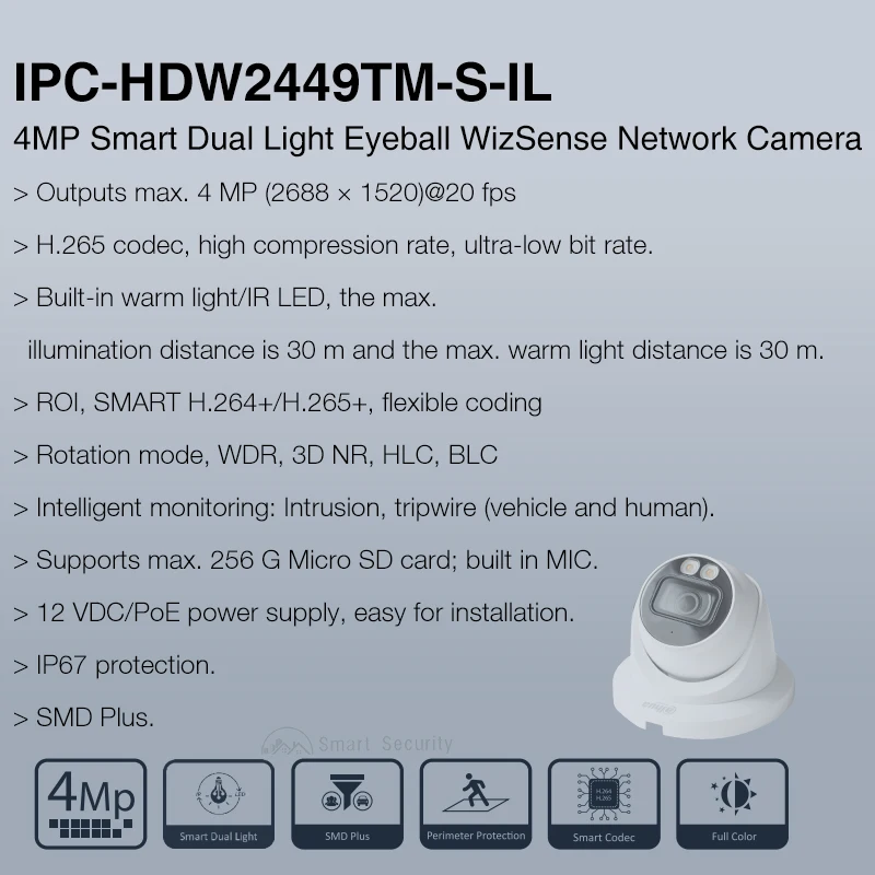 Dahua-cámara de red inteligente 4K con luz Dual, videocámara de vigilancia con visión nocturna a todo Color, WizSense, SMD, 8MP, IPC,