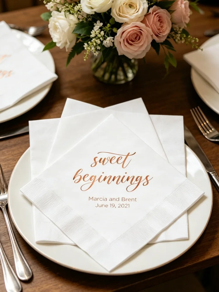 Personalized Sweet Beginnings Wedding Cake Dessert Napkins, Custom Printed Disposable Cocktail Beverage Guest Towels