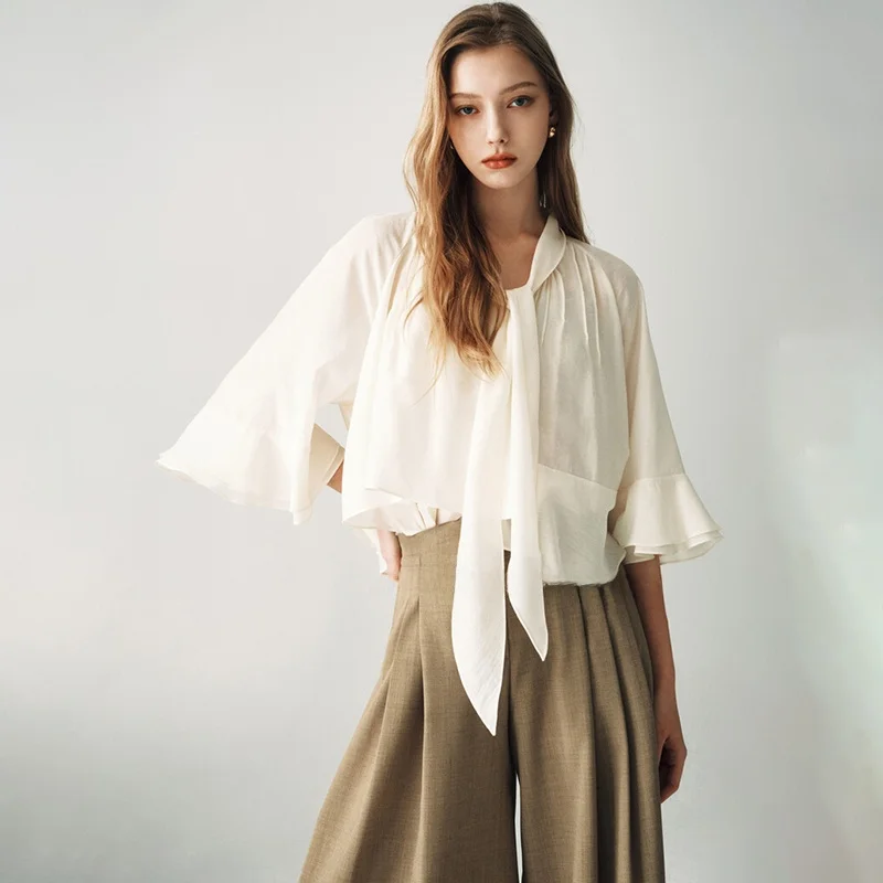 Ele V-ne Plissee irt Damen Faion Commute Sle Koreanische Version Pure Color Long Sve Button Detail Bluse