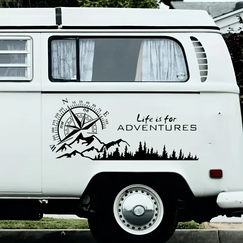 Adventure Compass Mountain Tree Vinyl Sticker UV-Resistant Durable Decal for RV Camper Van Off-Road Vehicle Scratch Cover Decor