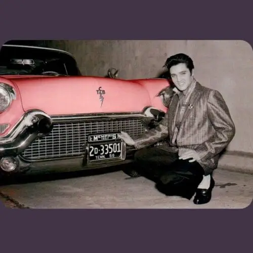 Elvis knealing with Pink Front End ***Classic Car Tin Sign*** 8 x 12