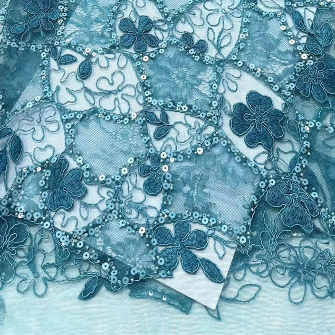 Newest High Quality Nigerian French Tulle Lace Fabric Beaded Floral Embroidery Sequins Cord Lace for Wedding Party Dress Sewing