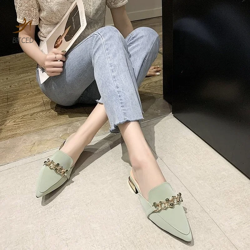 Slippers Women 2021 New Chain Mules Women Slides Square Toe Ladies Striped Shoes Summer Fashion Footwear Square Heel Women Shoes