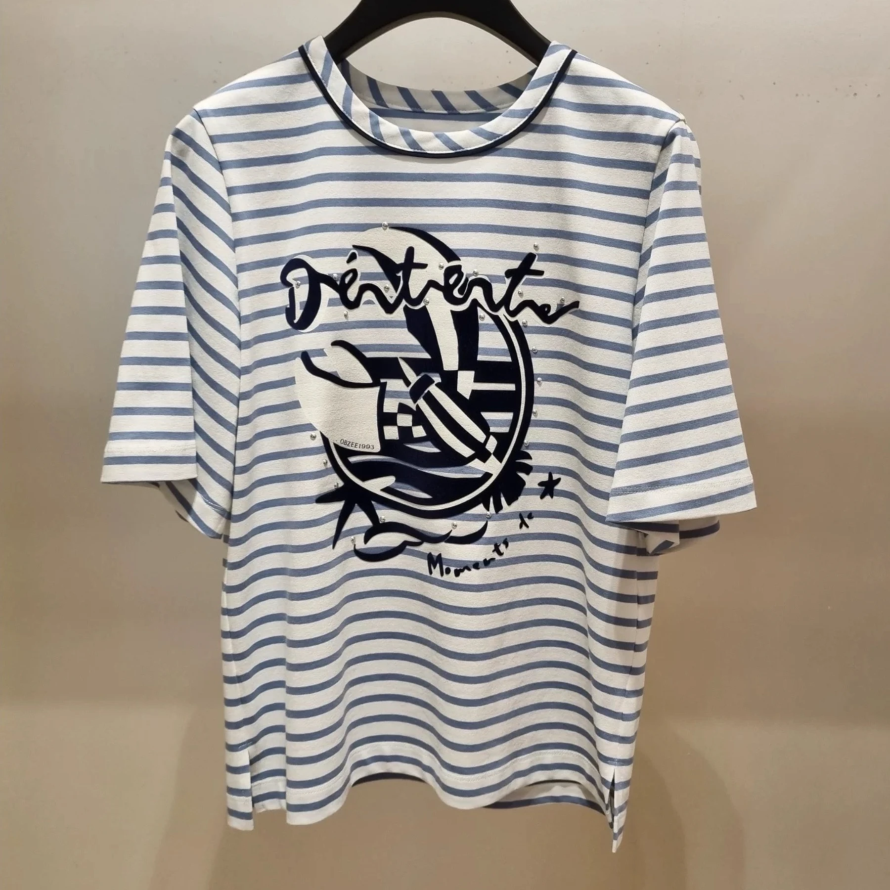 

Korean Single 0BZ25 Summer Casual Versatile round Ne Refreing Color Blo Striped Print Commute Versatile Slim ort S...