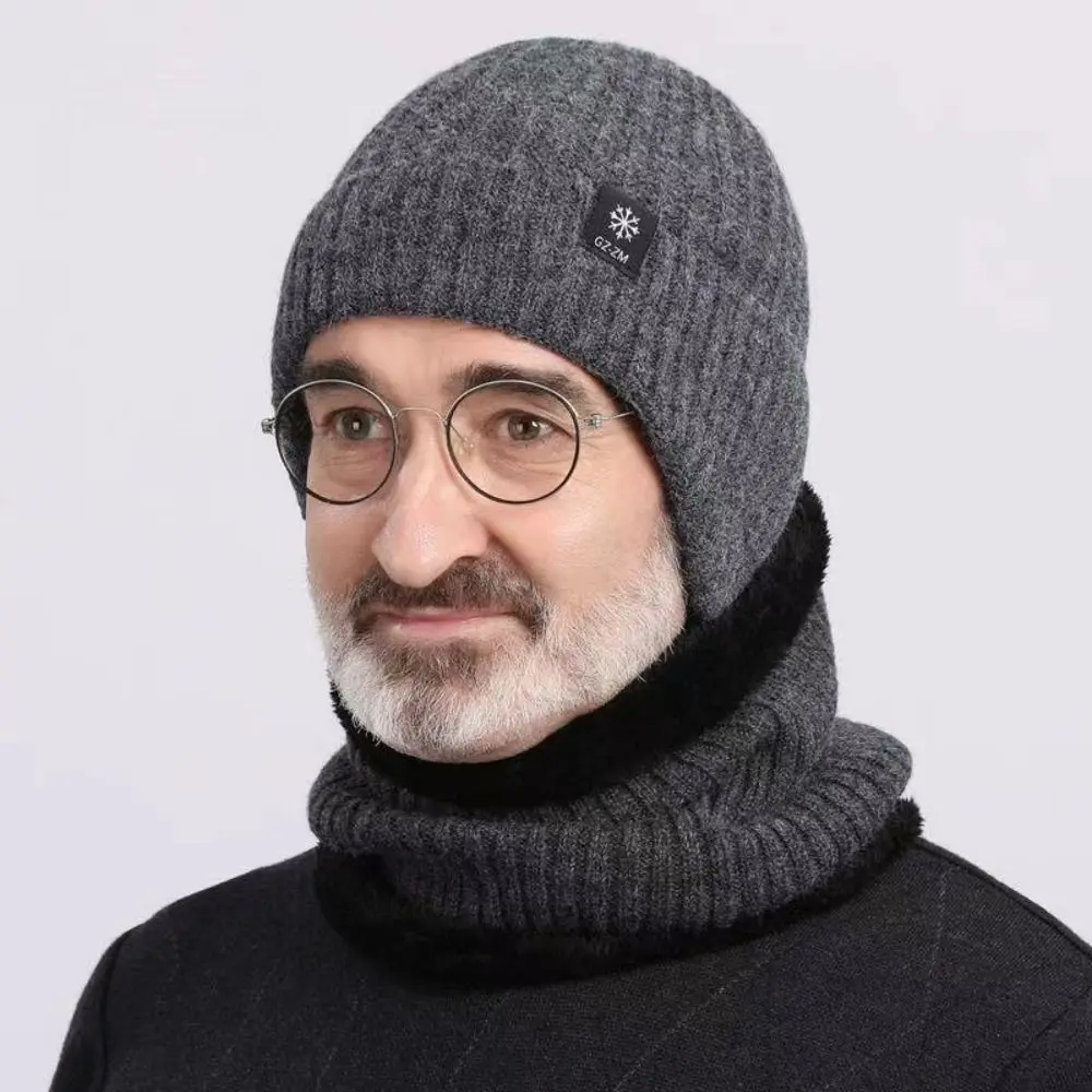 Fashion Thickened Men Knitted Cap Windproof Neck Warmer Pullover Hat Ear Protection Integrated Cap Scarf Autumn and Winter