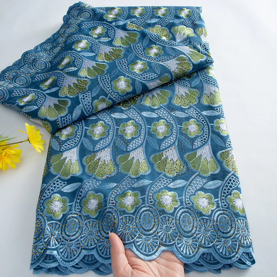 

African Cotton Lace Fabric Swiss Voile Lace 2026 High Quality New Arrivals 5Yards with Stones for Sewing Women Wedding Party