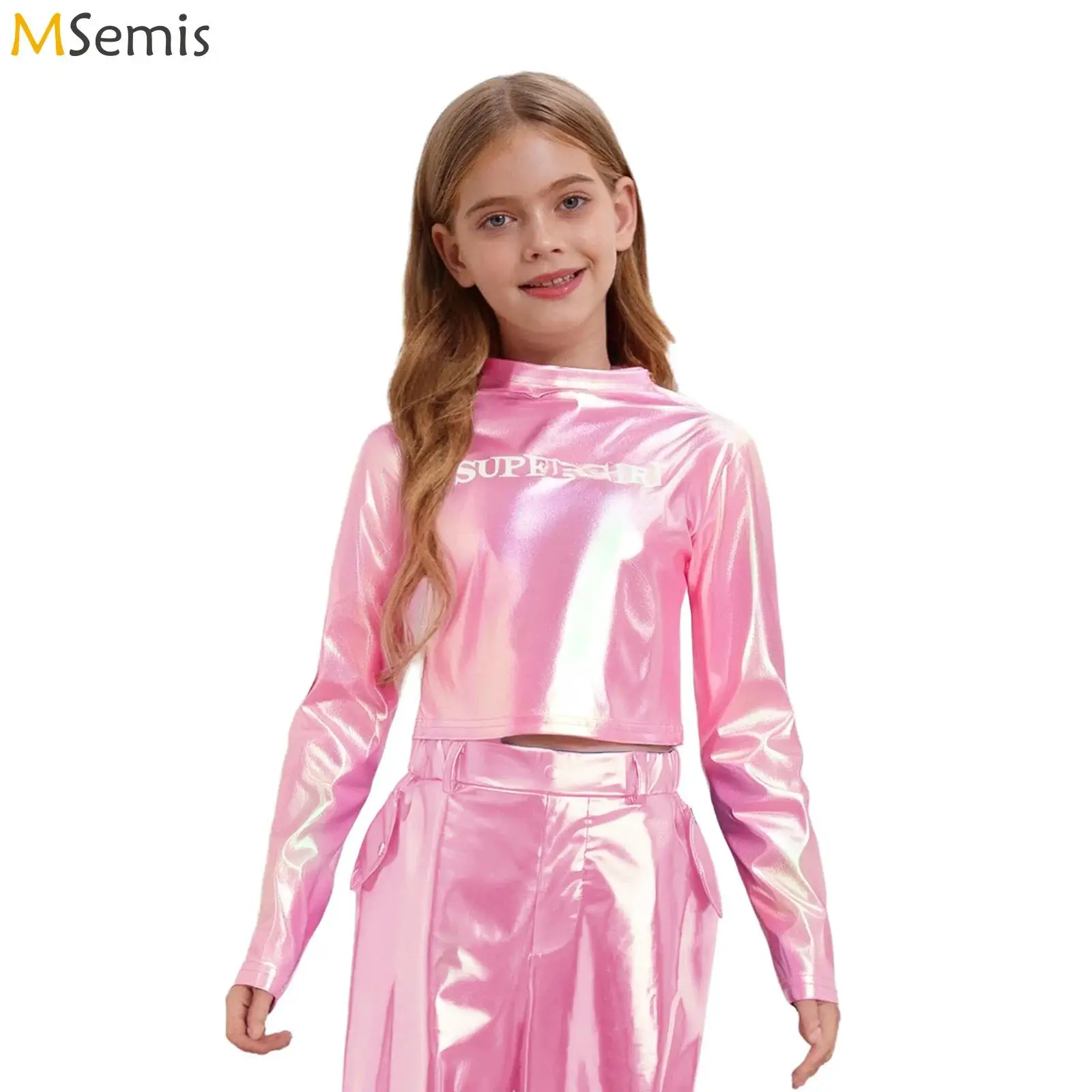 Kinderen Meisjes Hiphop Jazzdans Tops Cheerleading Prestatiekostuum Ronde Hals Lange Mouw Letter Gedrukt Metallic Crop Top