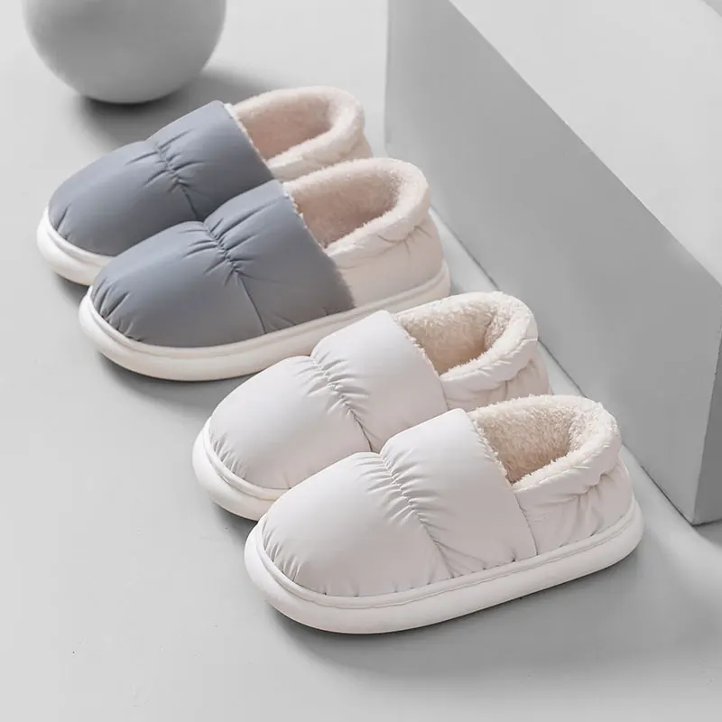 Unisex Winter Warm Slippers Women Men 4cm Thick Sole Cloud Pillow Slides Waterproof Down Indoor Outdoor Fleece Home Shoes Mule image 6